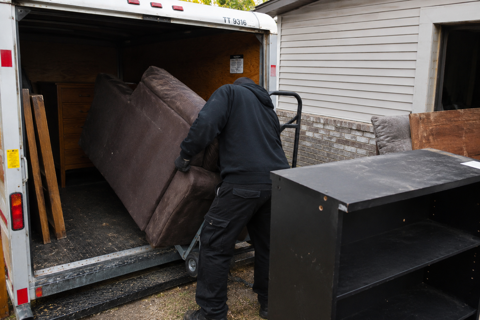 ClutterOut crew carrying an old couch out of a residential garage in London, Ontario